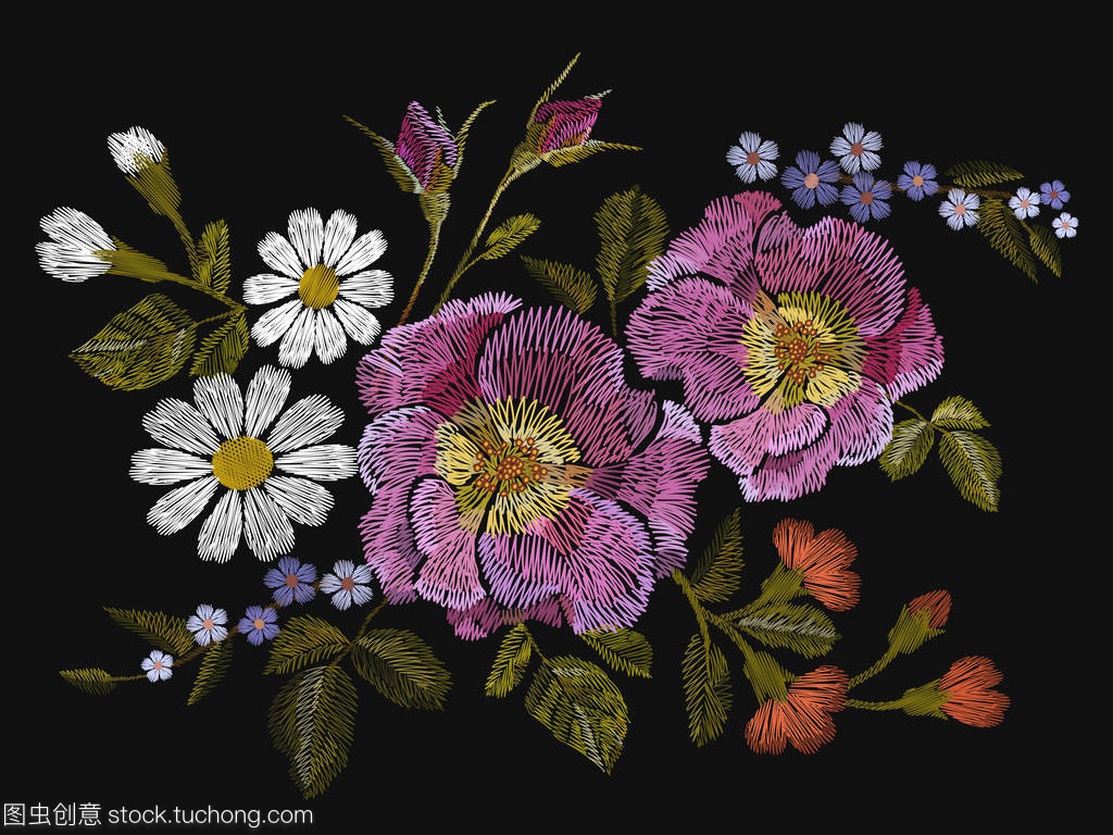 黑色背景上的狗玫瑰刺绣 传统民俗与时尚的交织